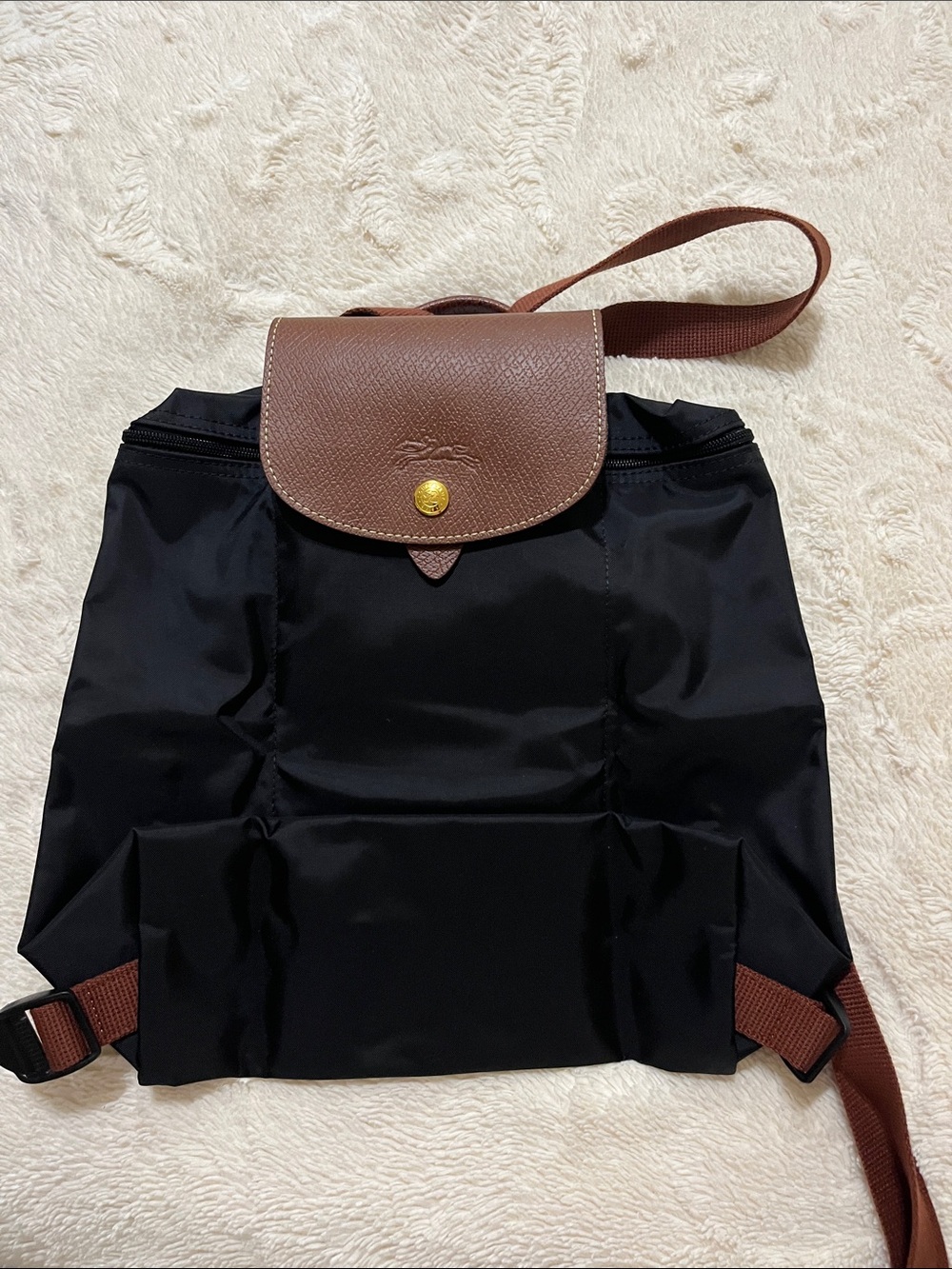Longchamp Black Nylon Backpack with Brown Leather Flap
